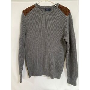 J. Crew Gray Sweater Crewneck Ribbed Knit Brown Shoulder Patches Mens Size M